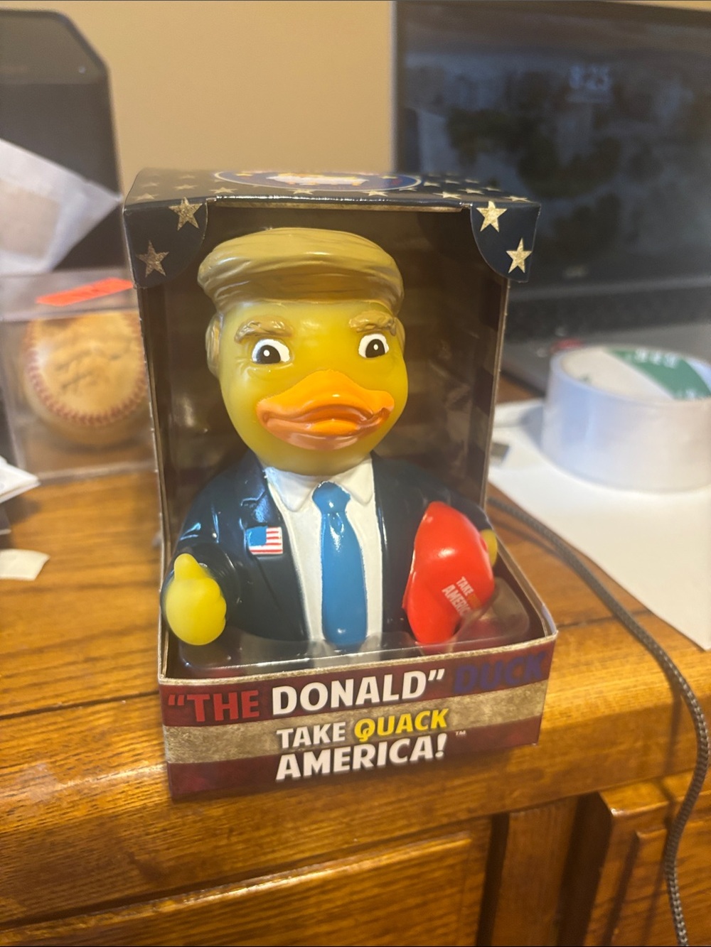 Yellow Political Themed Rubber Duck with Blue Suit and Red Accessory